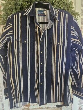 Wrangler Vintage Men's Western Pearl Snap Shirt Navy Striped Long Sleeve Size M